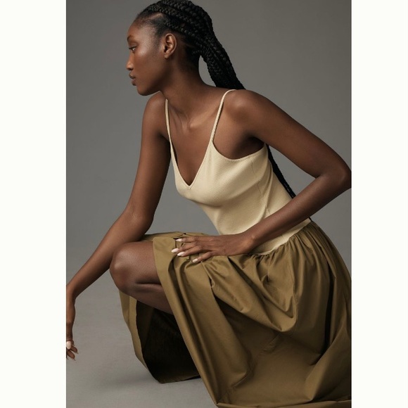 🌿|NWT| Anthropologie Maeve Ribbed Poplin Twofer Midi Dress - Picture 4 of 12